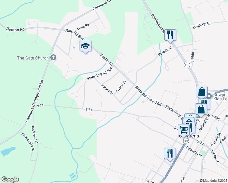 map of restaurants, bars, coffee shops, grocery stores, and more near 134 Crystal Drive in Cowpens
