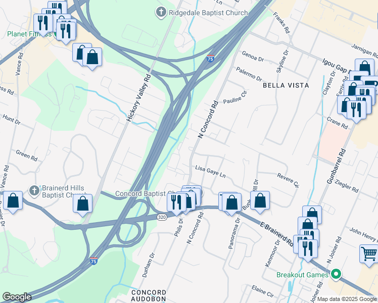 map of restaurants, bars, coffee shops, grocery stores, and more near 1533 North Concord Road in Chattanooga