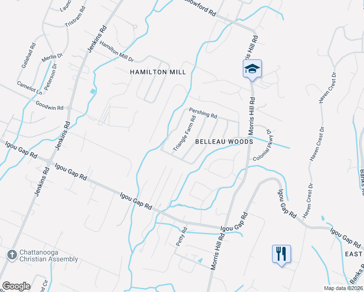 map of restaurants, bars, coffee shops, grocery stores, and more near 2446 Triangle Farm Road in Chattanooga