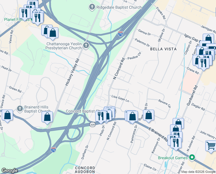 map of restaurants, bars, coffee shops, grocery stores, and more near 1533 North Concord Road in Chattanooga