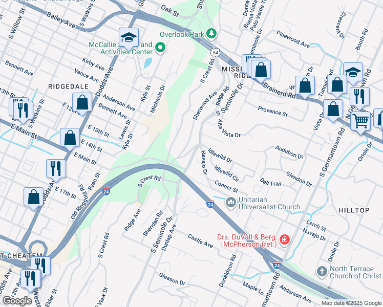 map of restaurants, bars, coffee shops, grocery stores, and more near 415 Sioux Trail in Chattanooga