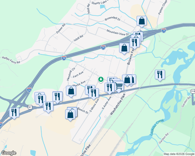 map of restaurants, bars, coffee shops, grocery stores, and more near 3202 Kellys Ferry Road in Chattanooga