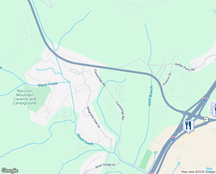 map of restaurants, bars, coffee shops, grocery stores, and more near 4039-4199 Cummings Road in Chattanooga