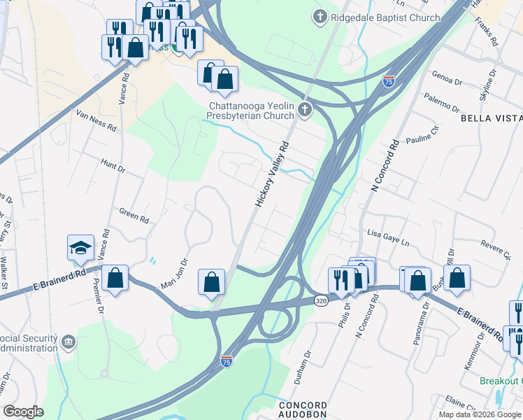 map of restaurants, bars, coffee shops, grocery stores, and more near 1430 Hickory Valley Road in Chattanooga