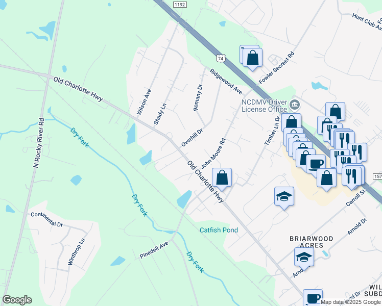 map of restaurants, bars, coffee shops, grocery stores, and more near 3114 Old Charlotte Highway in Monroe