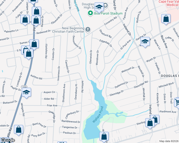 map of restaurants, bars, coffee shops, grocery stores, and more near 1958 Glenwick Drive in Fayetteville