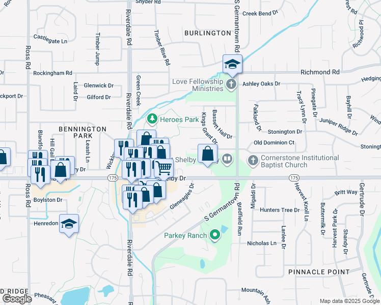 map of restaurants, bars, coffee shops, grocery stores, and more near 7111 Peppermill Lane in Memphis