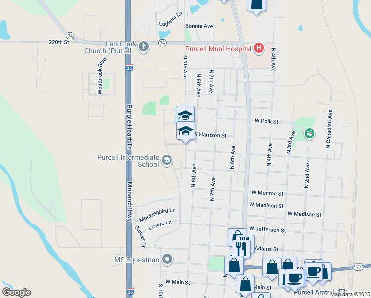map of restaurants, bars, coffee shops, grocery stores, and more near 809 North 9th Avenue in Purcell