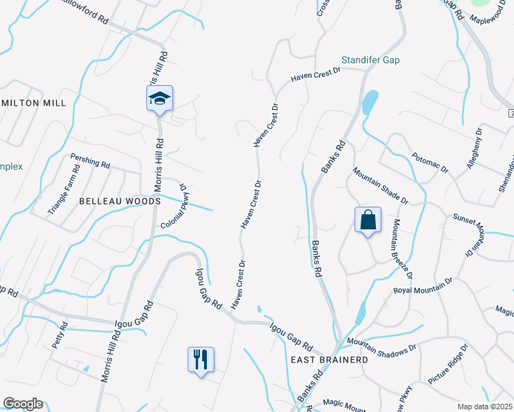 map of restaurants, bars, coffee shops, grocery stores, and more near 2126 Haven Crest Drive in Chattanooga