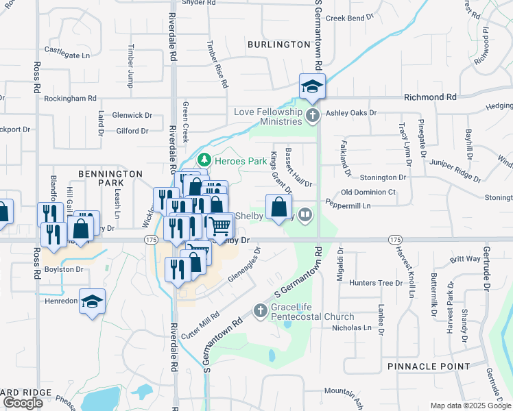 map of restaurants, bars, coffee shops, grocery stores, and more near 7111 Peppermill Lane in Memphis