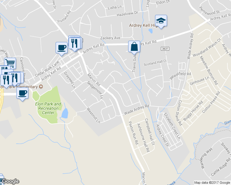 map of restaurants, bars, coffee shops, grocery stores, and more near 17230 Baldwin Hall Drive in Charlotte