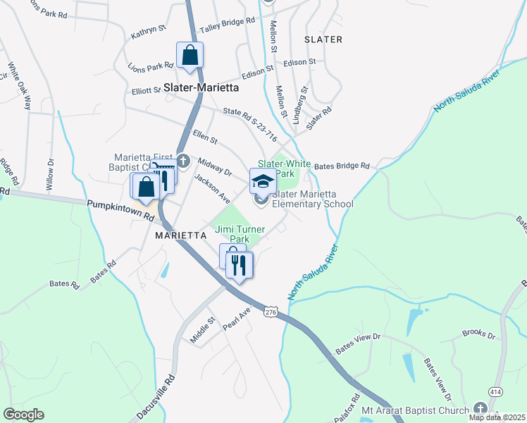 map of restaurants, bars, coffee shops, grocery stores, and more near 100 Baker Circle in Slater-Marietta
