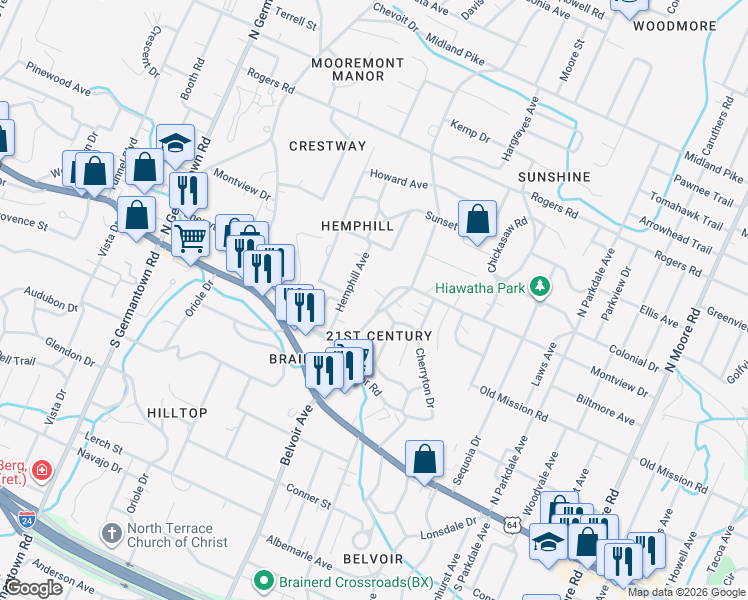 map of restaurants, bars, coffee shops, grocery stores, and more near 113 Talley Road in Chattanooga