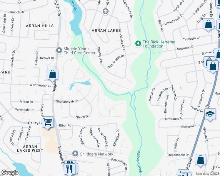 map of restaurants, bars, coffee shops, grocery stores, and more near 5720 Icarus Circle in Fayetteville