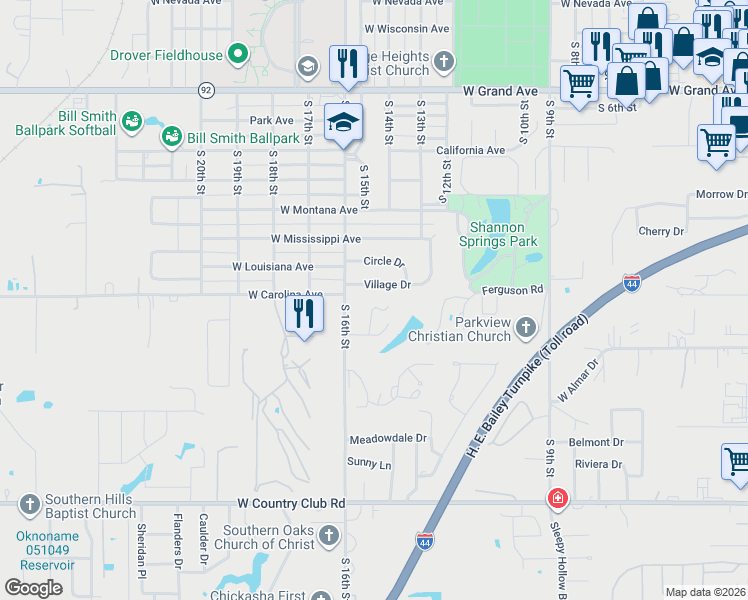map of restaurants, bars, coffee shops, grocery stores, and more near 2824 Nichols Road in Chickasha