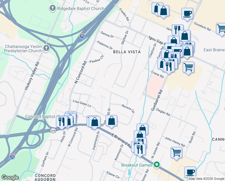 map of restaurants, bars, coffee shops, grocery stores, and more near 7117 Saratoga Lane in Chattanooga