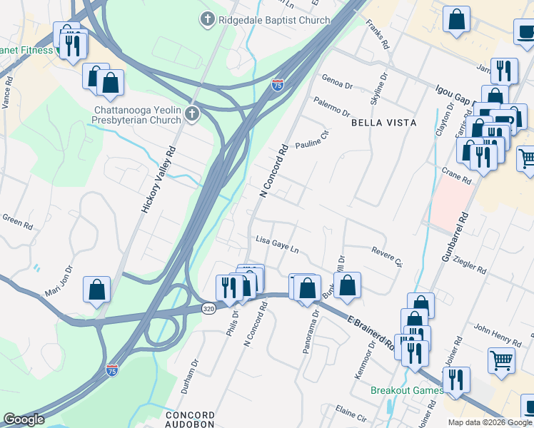 map of restaurants, bars, coffee shops, grocery stores, and more near 7015 Leslie Dell Lane in Chattanooga