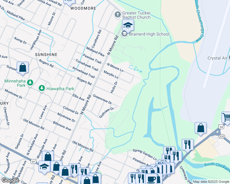 map of restaurants, bars, coffee shops, grocery stores, and more near 5007 Cameron Lane in Chattanooga