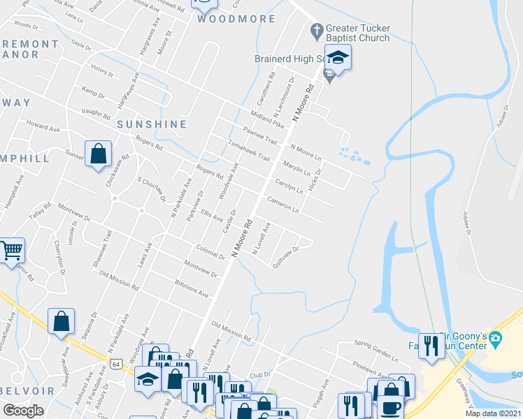 map of restaurants, bars, coffee shops, grocery stores, and more near 4903 Greenview Drive in Chattanooga