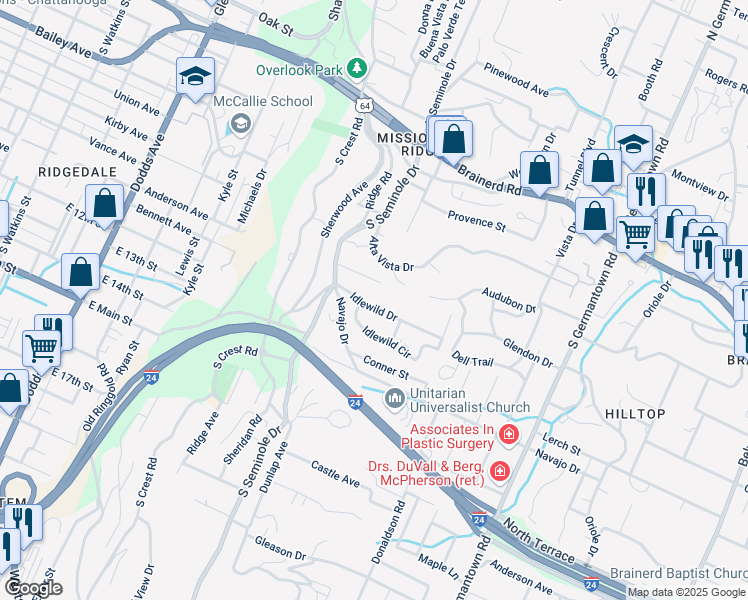 map of restaurants, bars, coffee shops, grocery stores, and more near 3223 Idlewild Drive in Chattanooga