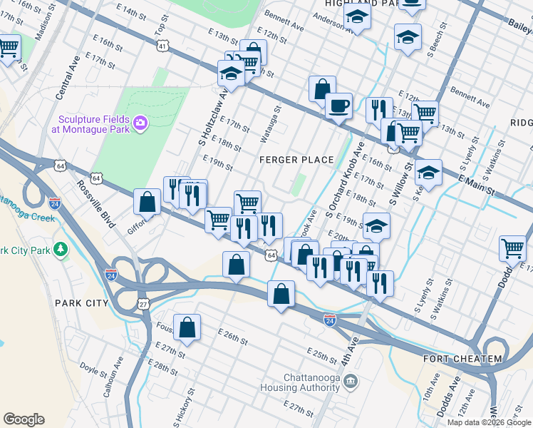 map of restaurants, bars, coffee shops, grocery stores, and more near 2001 Tinsley Place in Chattanooga