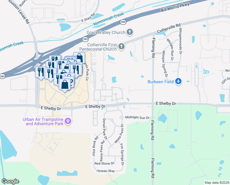 map of restaurants, bars, coffee shops, grocery stores, and more near 4626 Jasper Park in Collierville