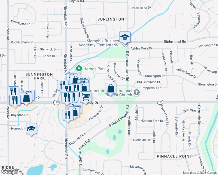 map of restaurants, bars, coffee shops, grocery stores, and more near 7165 Peppermill Lane in Memphis