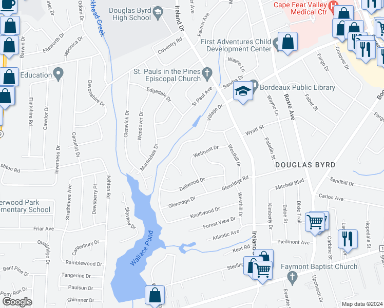 map of restaurants, bars, coffee shops, grocery stores, and more near 4014 Welmont Drive in Fayetteville