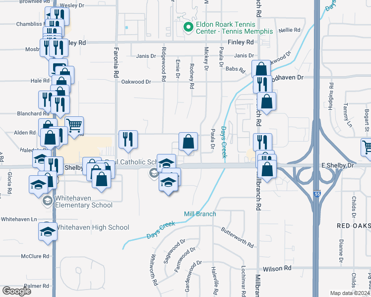 map of restaurants, bars, coffee shops, grocery stores, and more near 1500 Millview Drive in Memphis