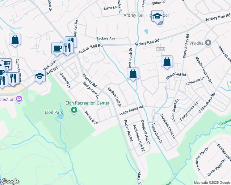map of restaurants, bars, coffee shops, grocery stores, and more near 17237 Baldwin Hall Drive in Charlotte
