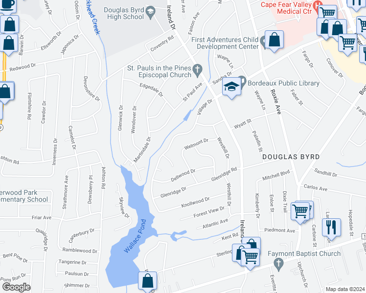map of restaurants, bars, coffee shops, grocery stores, and more near 4014 Welmont Drive in Fayetteville
