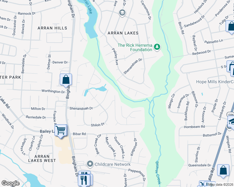 map of restaurants, bars, coffee shops, grocery stores, and more near 1587 Winnabow Drive in Fayetteville