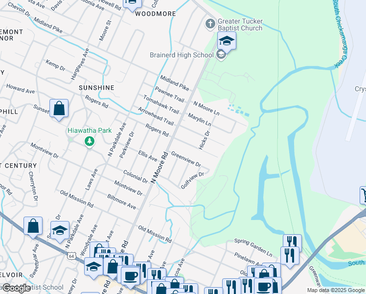 map of restaurants, bars, coffee shops, grocery stores, and more near 4908 Cameron Lane in Chattanooga