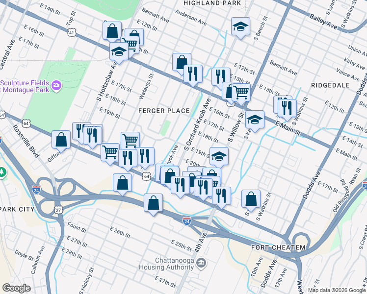 map of restaurants, bars, coffee shops, grocery stores, and more near 1905 South Orchard Knob Avenue in Chattanooga