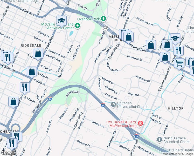 map of restaurants, bars, coffee shops, grocery stores, and more near 3100 Navajo Drive in Chattanooga