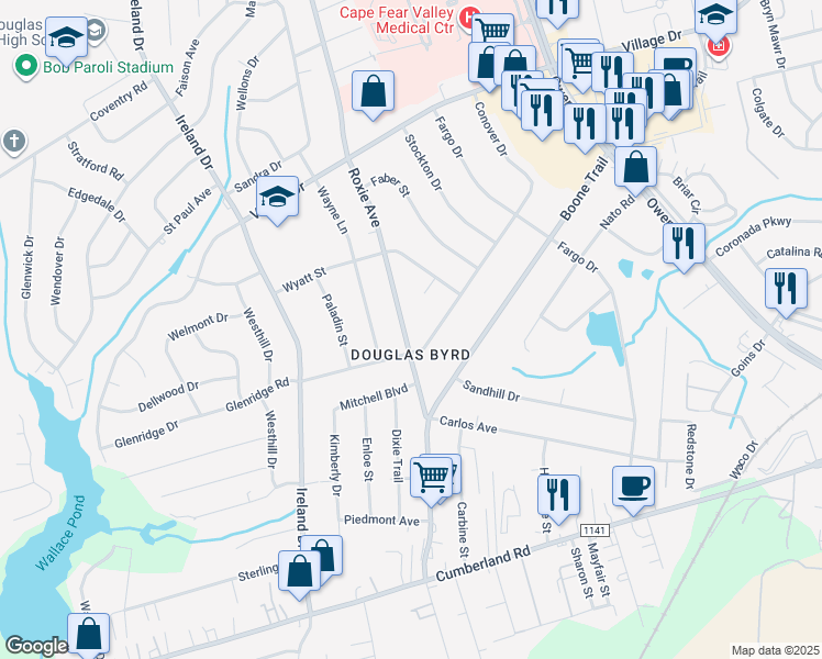 map of restaurants, bars, coffee shops, grocery stores, and more near 1937 Roxie Avenue in Fayetteville