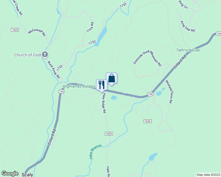 map of restaurants, bars, coffee shops, grocery stores, and more near 7321 Dillard Road in Scaly Mountain
