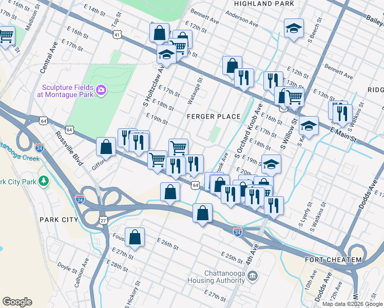 map of restaurants, bars, coffee shops, grocery stores, and more near 2001 Tinsley Place in Chattanooga