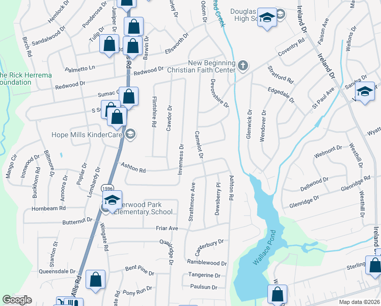 map of restaurants, bars, coffee shops, grocery stores, and more near 4710 Ashton Road in Fayetteville