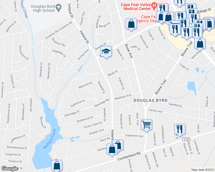 map of restaurants, bars, coffee shops, grocery stores, and more near 1930 Ireland Drive in Fayetteville
