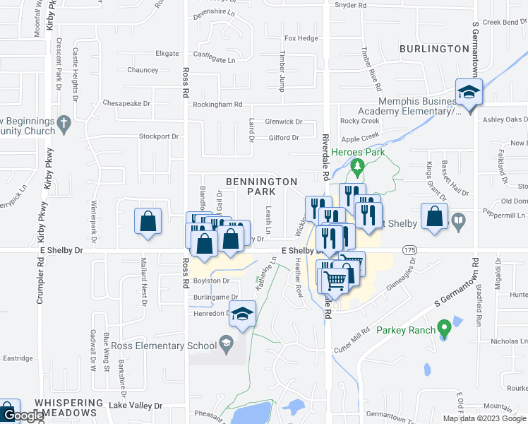 map of restaurants, bars, coffee shops, grocery stores, and more near 4619 Leash Lane in Memphis