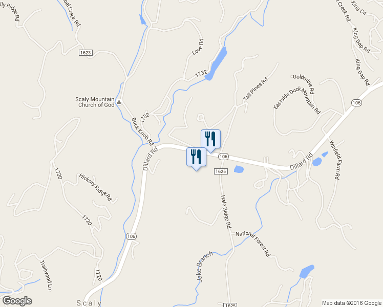 map of restaurants, bars, coffee shops, grocery stores, and more near 7506 Dillard Road in Scaly Mountain
