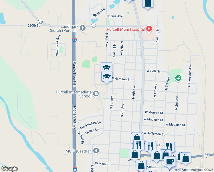 map of restaurants, bars, coffee shops, grocery stores, and more near 809 North 9th Avenue in Purcell