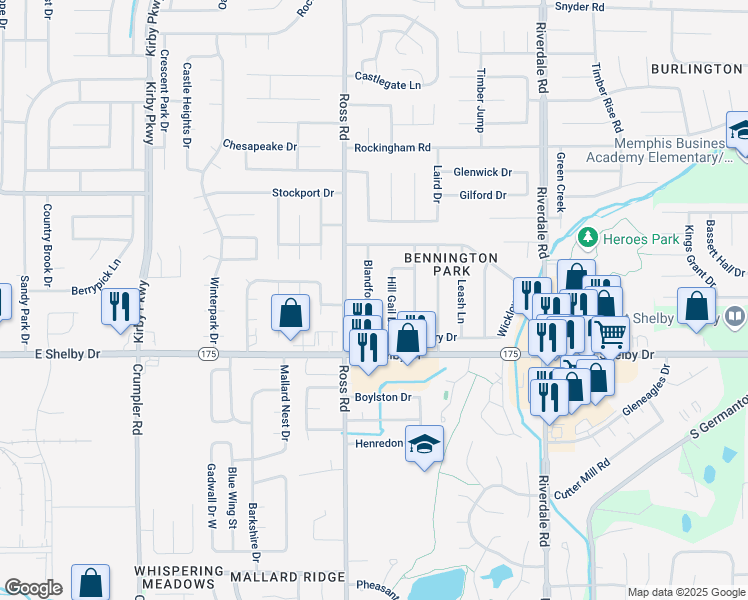 map of restaurants, bars, coffee shops, grocery stores, and more near 4620 Blandford Drive in Memphis