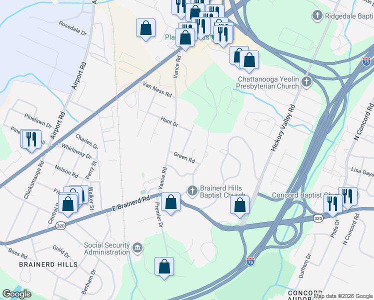 map of restaurants, bars, coffee shops, grocery stores, and more near 6611 Green Road in Chattanooga