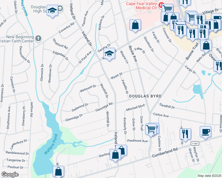 map of restaurants, bars, coffee shops, grocery stores, and more near 1930 Ireland Drive in Fayetteville