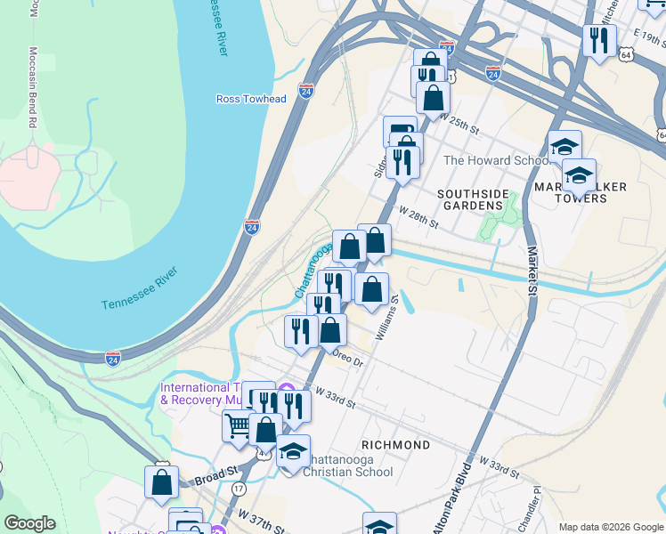 map of restaurants, bars, coffee shops, grocery stores, and more near 1489 Sinclair Avenue in Chattanooga