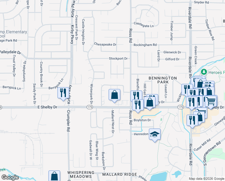 map of restaurants, bars, coffee shops, grocery stores, and more near 4620 Shaker Cove in Memphis