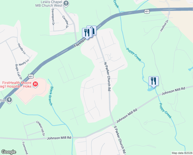 map of restaurants, bars, coffee shops, grocery stores, and more near 101 Van Buren Drive in Raeford