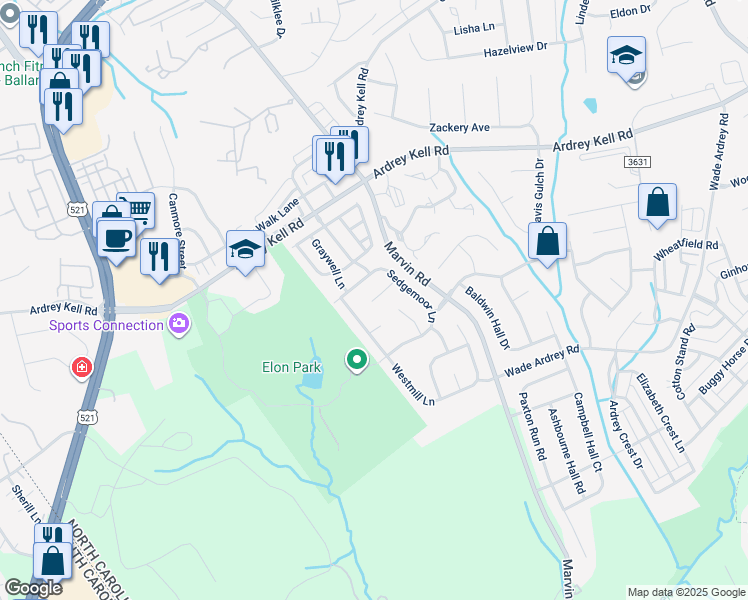 map of restaurants, bars, coffee shops, grocery stores, and more near Woods Corner Court in Charlotte